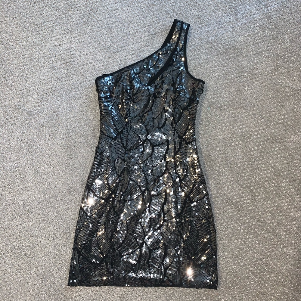 Bebe Silver Sequin One Shoulder Bodycon Dress